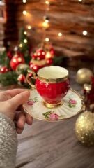 PARILTI 2 Lİ PORSELEN EL BOYAMA KAHVE FİNCAN TAKIMI