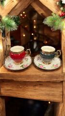 PARILTI 2 Lİ PORSELEN EL BOYAMA KAHVE FİNCAN TAKIMI