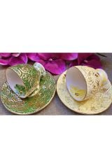 Eskitme Porselen El Boyama 2li Kahve Fincan Takımı