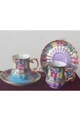 Lila Turkuaz Lebriz Porselen El Boyama Fincan Seti İkili