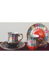 Siyah Orange Porselen El Boyama İkili Fincan Seti