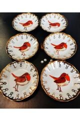 Porselen El Boyama Altı Kişilik Kuş Modelli Çay Tabağı