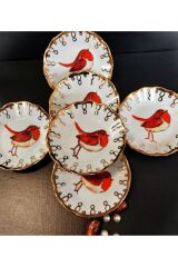 Porselen El Boyama Altı Kişilik Kuş Modelli Çay Tabağı