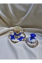 Porselen El Boyaması Mavim Kahve Fincanı Ve Lokumluk Mavi